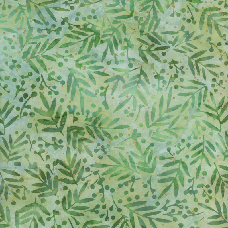 Tonal light green marbled batik with dark green holly berries and leaves all over