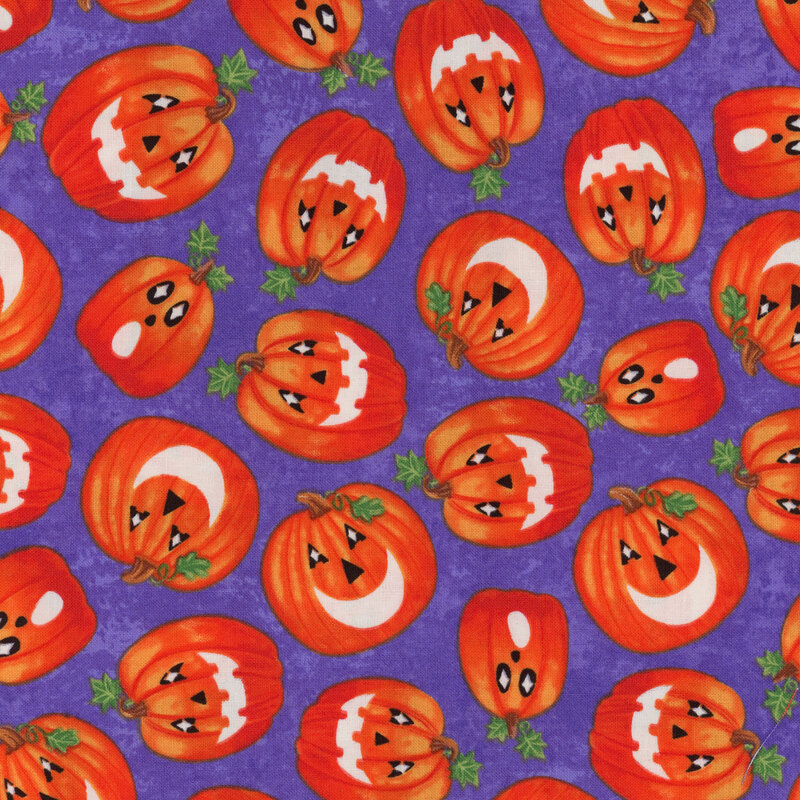 Orange jack-o-lanterns packed on a purple background