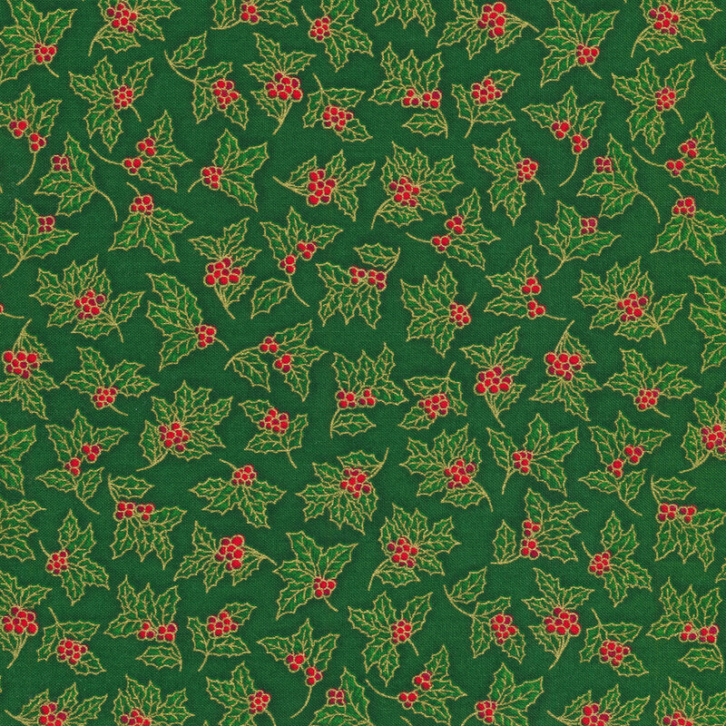 Green Christmas fabric with clusters of holly leaves and berries with gold metallic accents