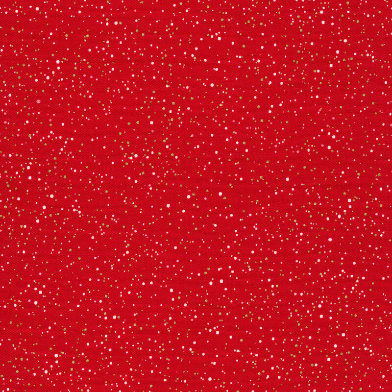 Red fabric with small white and gold metallic dots all over