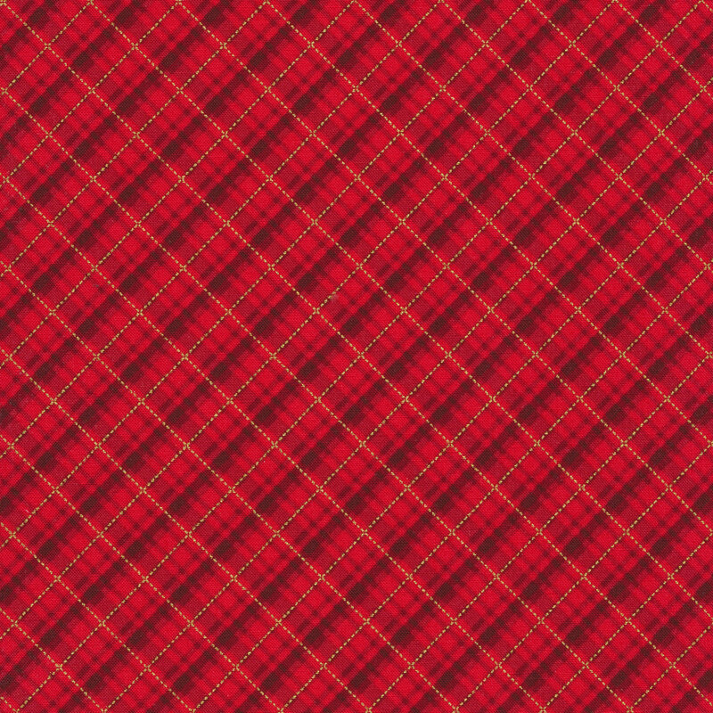 Red plaid fabric with gold metallic accents