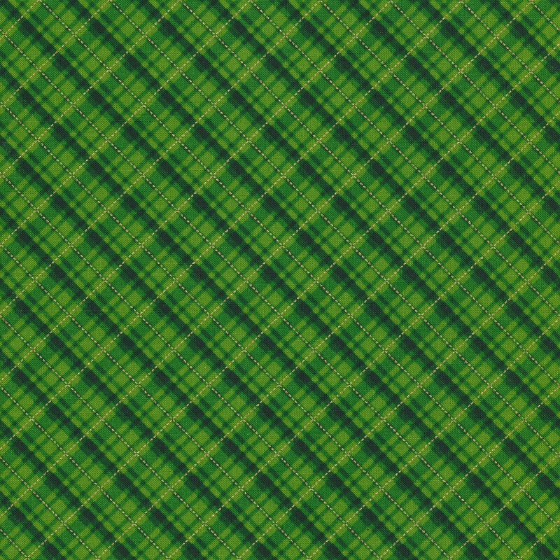 Green plaid fabric with gold metallic accents