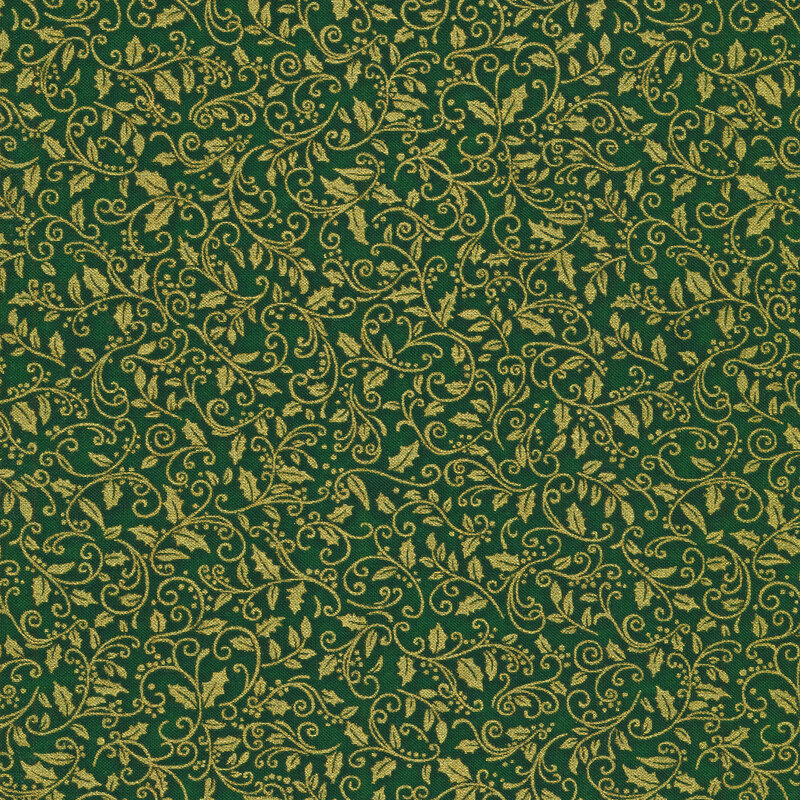 Fabric with gold metallic holly leaves and vines all over a green background