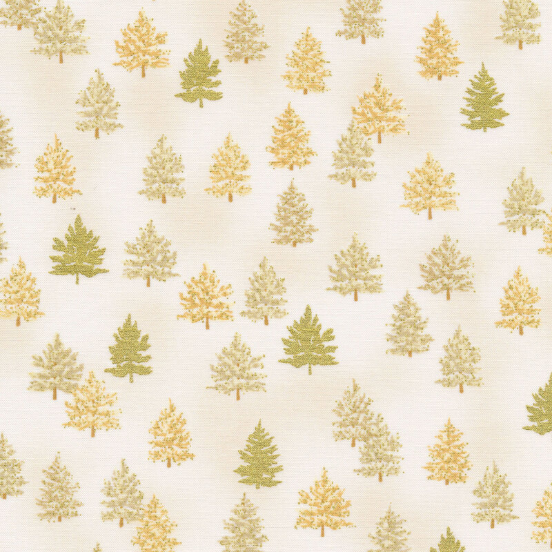 Ivory fabric with yellow and gold metallic pine trees all over