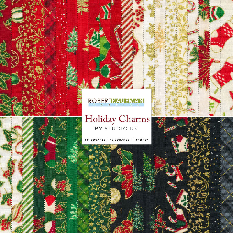 A stacked collage of red, cream, green, and black Christmas fabrics with gold metallic accents in the Holiday Charms collection