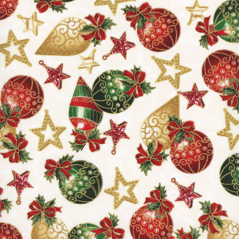 fabric with tossed red, green and gold ornaments on a scrolled cream background