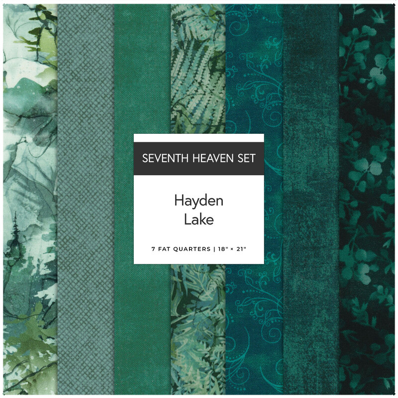 A collage of 7 greenish-teal fabrics in the Hayden Lake seventh heaven set