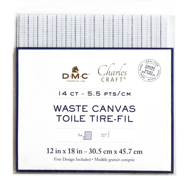 14ct Waste canvas folded in it's DMC packaging with measurements on the front