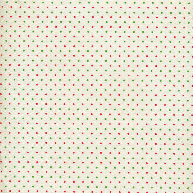 white fabric with small red and green polka dots throughout