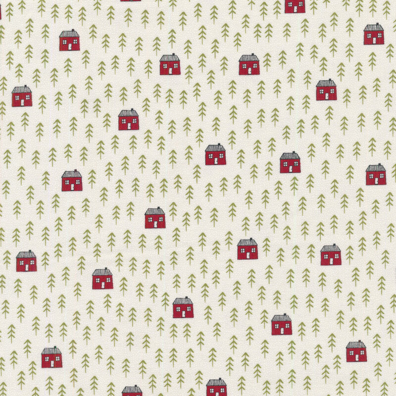 Off white fabric with small green pine trees and little red houses all over