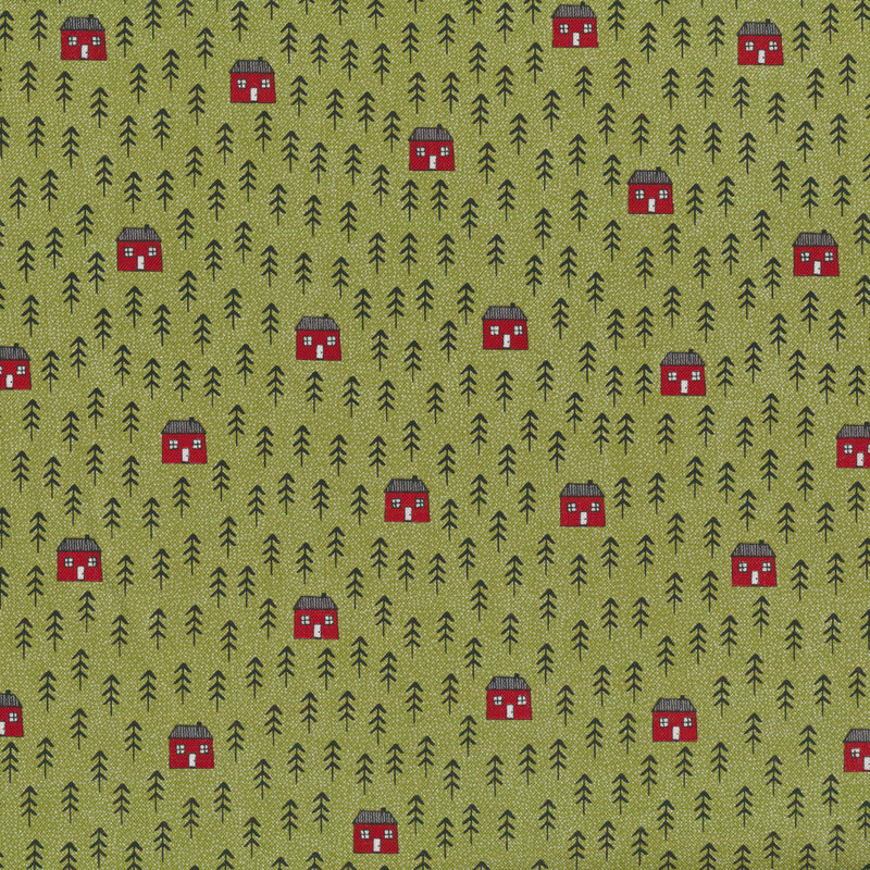 Forest green fabric with dark green illustrated pine trees and little red houses all over