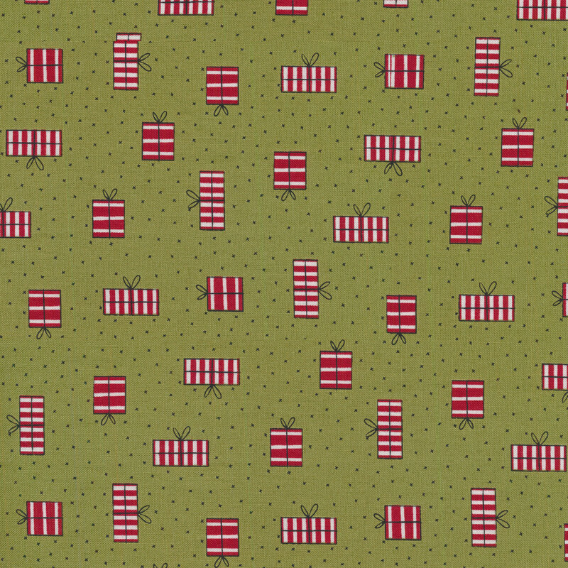 A forest green Christmas fabric with red and white striped Christmas presents and small black pin dots all over