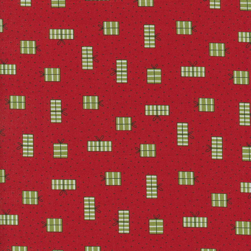 A Christmas red fabric with green and white striped Christmas presents and small black pin dots all over