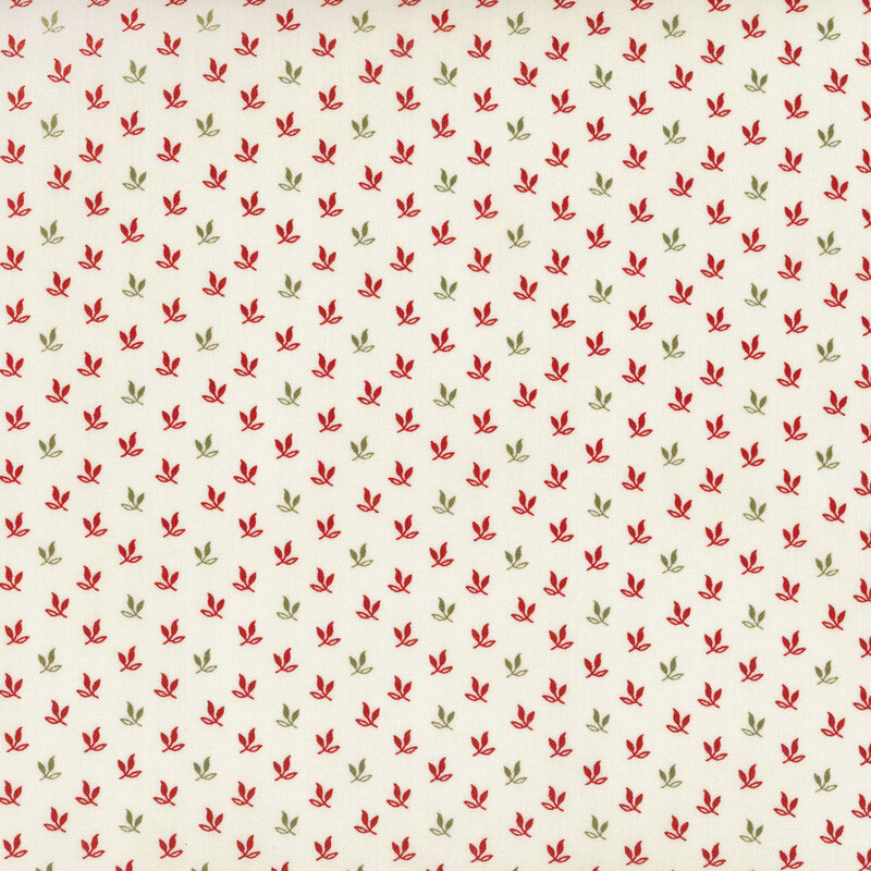 ditzy red and green leaf sprigs on a cream background