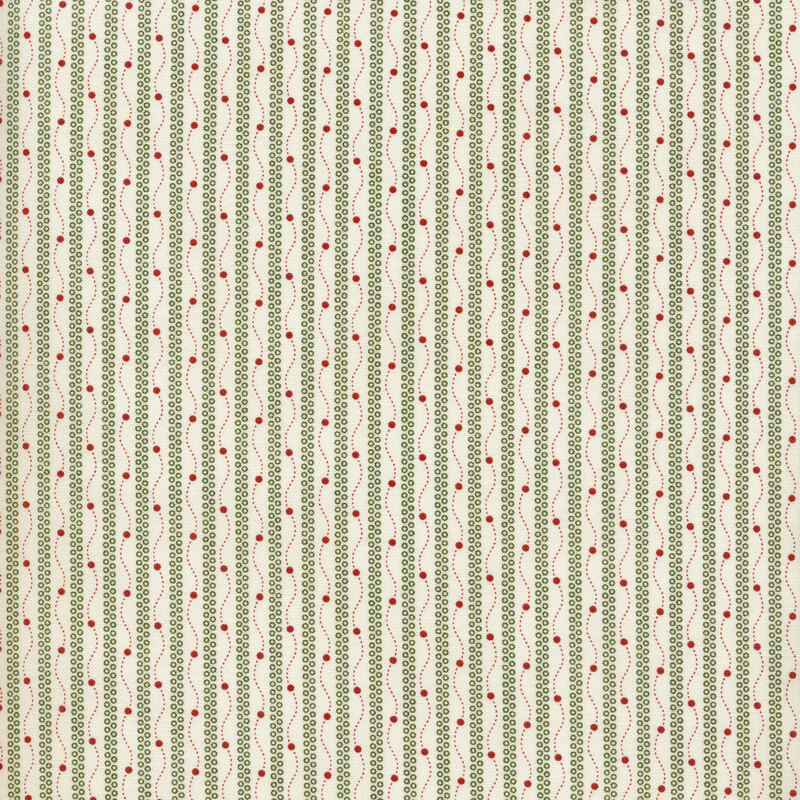 green stripes with red wavy lines and dots on a cream background