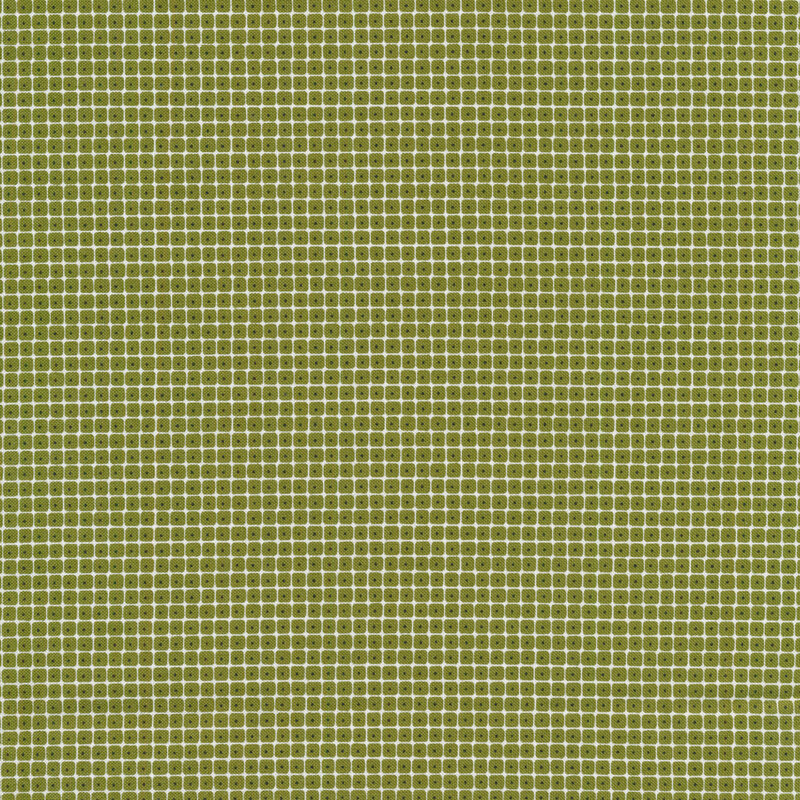 fabric featuring grids of small green squares with black spots in them