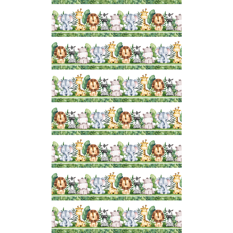 digital image of fabric with wide stripes of safari animals with green and white border stripe pattern