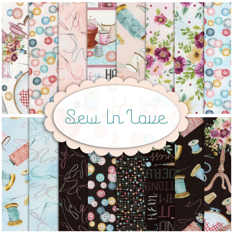 collage of fabrics included in the Sew In Love collection FQ Set
