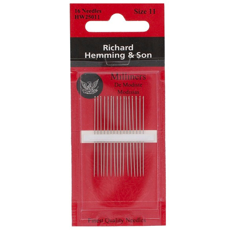 Pack of 16 size 11 milliner needles by Richard Hemming & Son, displayed against a red package background.