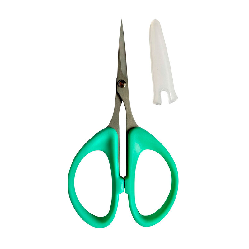 Green-handled scissors with a pointed tip, accompanied by a white protective cover.