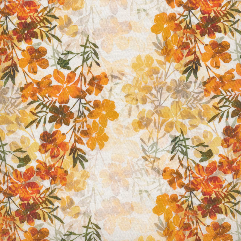 Light beige fabric covered in orange flowers and green leaves of varying opacity