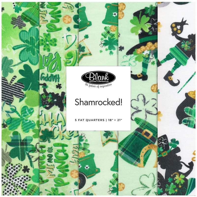 Composition of 5 st patrick's day themed fabrics featuring green shamrock fabrics and leprechauns 