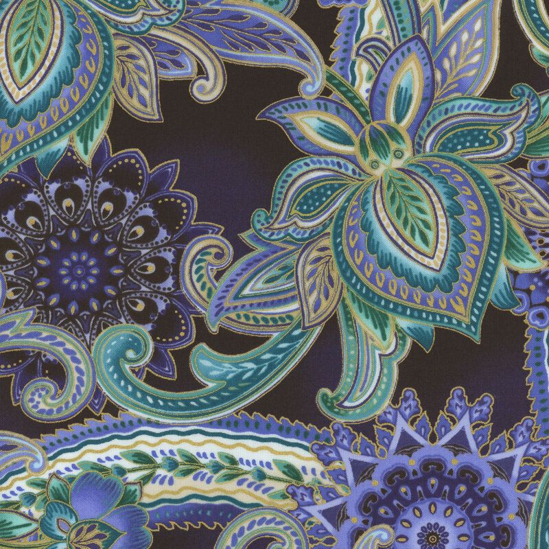 deep blue, light violet and teal paisley print fabric with gold metallic accents