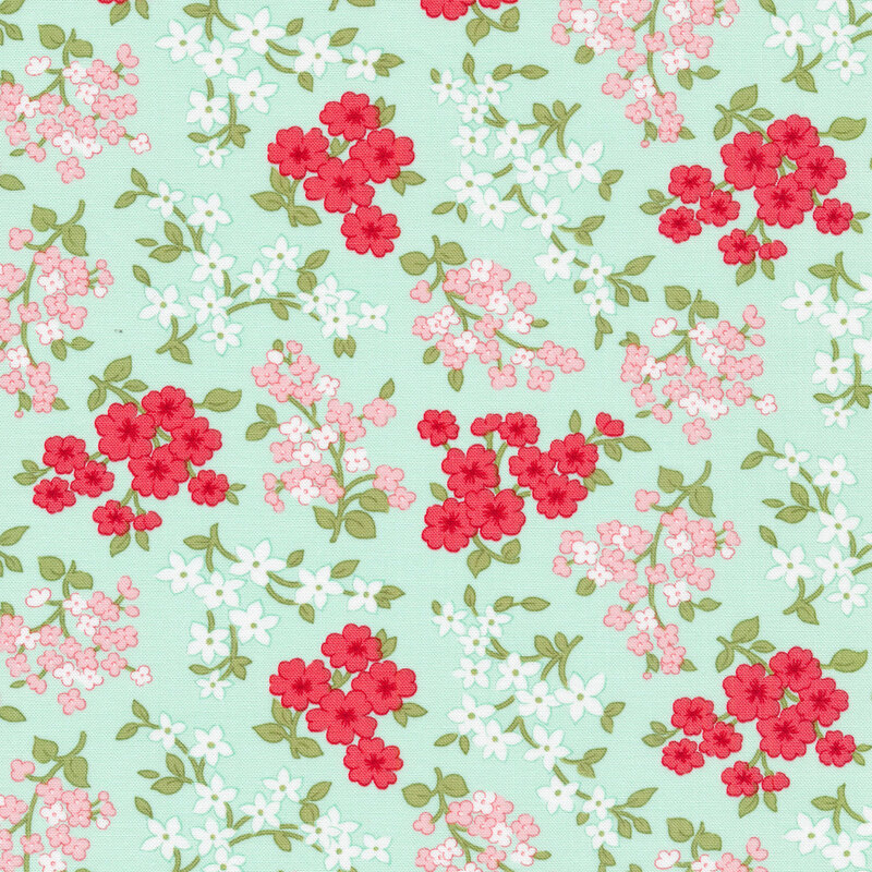 Aqua/mint fabric with tossed flowers in white, pink, and red with green stems and leaves