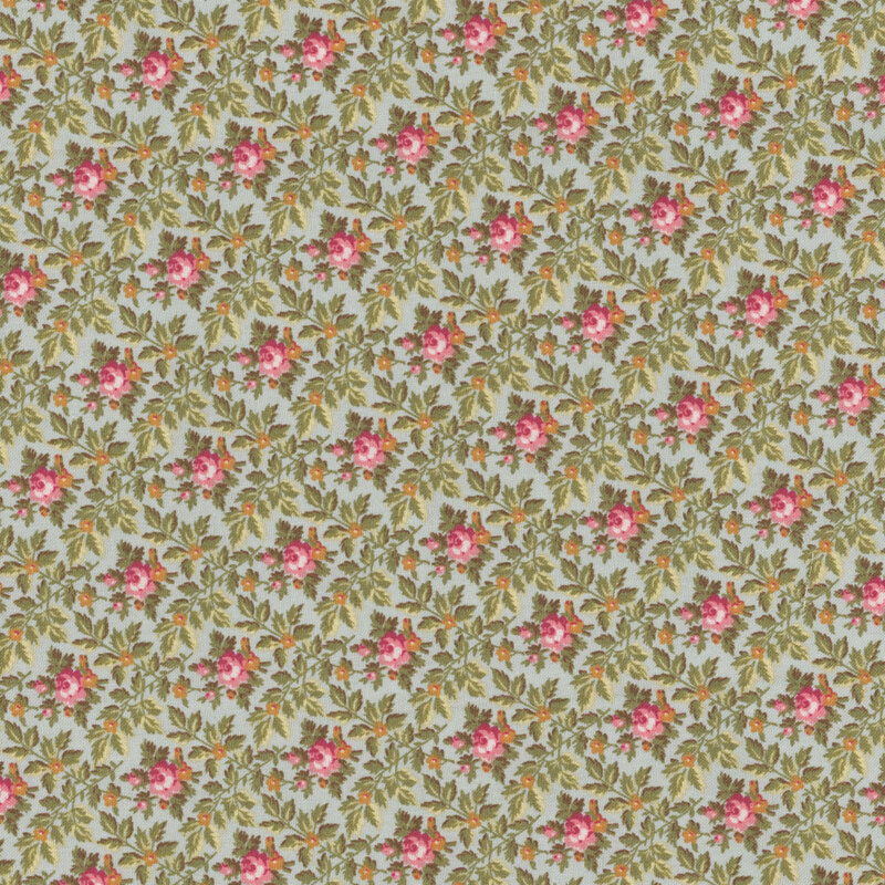 Image of fabric featuring a gray background with red roses, accented by small orange flowers and plentiful leaves