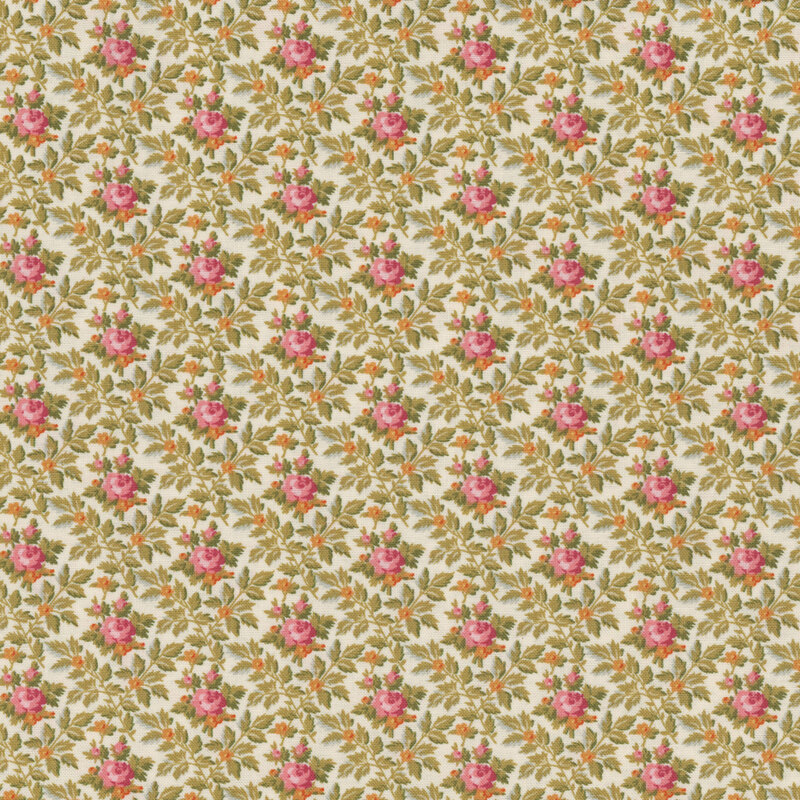 Image of fabric featuring a cream background with red roses, accented by small orange flowers and plentiful leaves