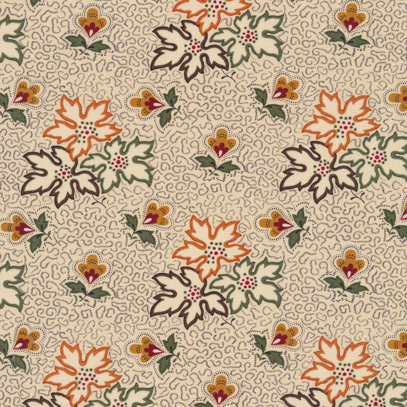 This fabric features clusters of multicolored leaves and flowers with squiggly abstract lines on a cream background.