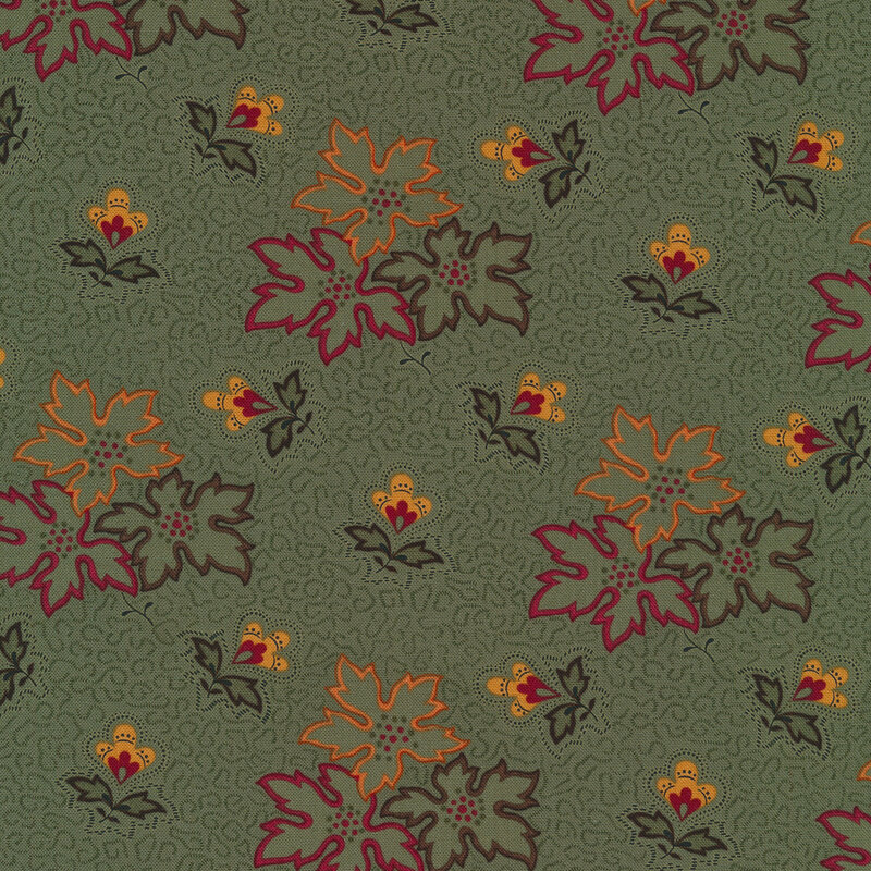 This fabric features clusters of multicolored leaves and flowers with squiggly abstract lines on a dark green background.