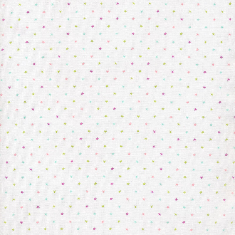 white fabric with blue, green, pink, and purple stars across it