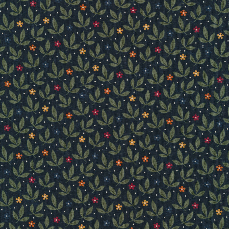 Dark navy blue fabric with olive green leaves, and small red and yellow flowers all over