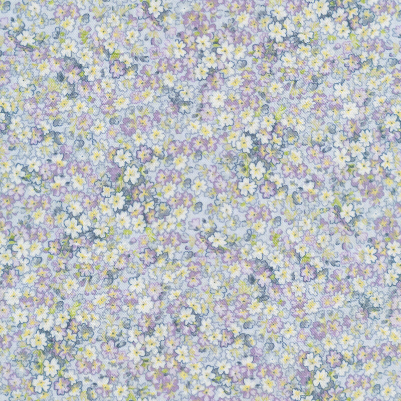 Fabric completely covered in light indigo lilac blossoms