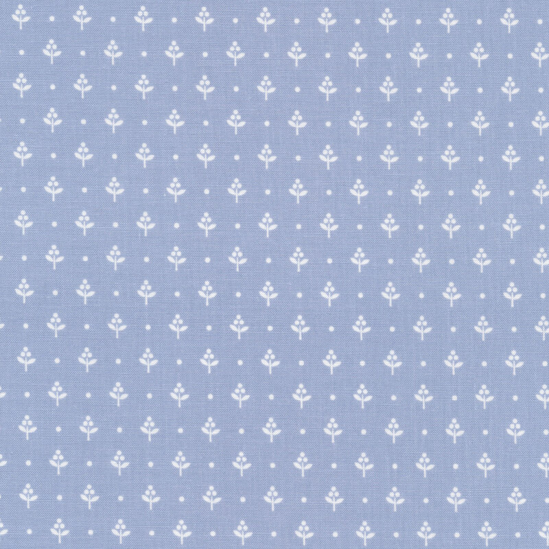 light blue fabric featuring tiny cream minimalist plants with leaves and dots spaced symmetrically apart