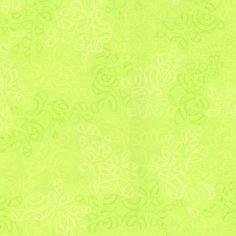 fabric featuring abstract leaf-like pattern full of scrolls and swirls in various shades bright lime green