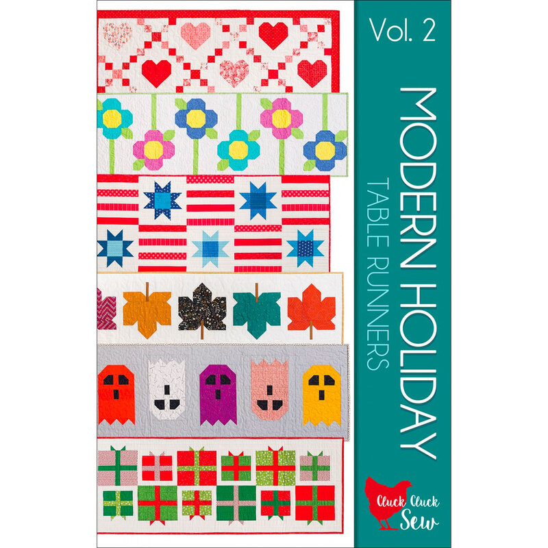 A sewing pattern book cover with colorful table runner designs in different themes such as Valentine's Day, Patriotic, Autumn, Halloween, and Christmas