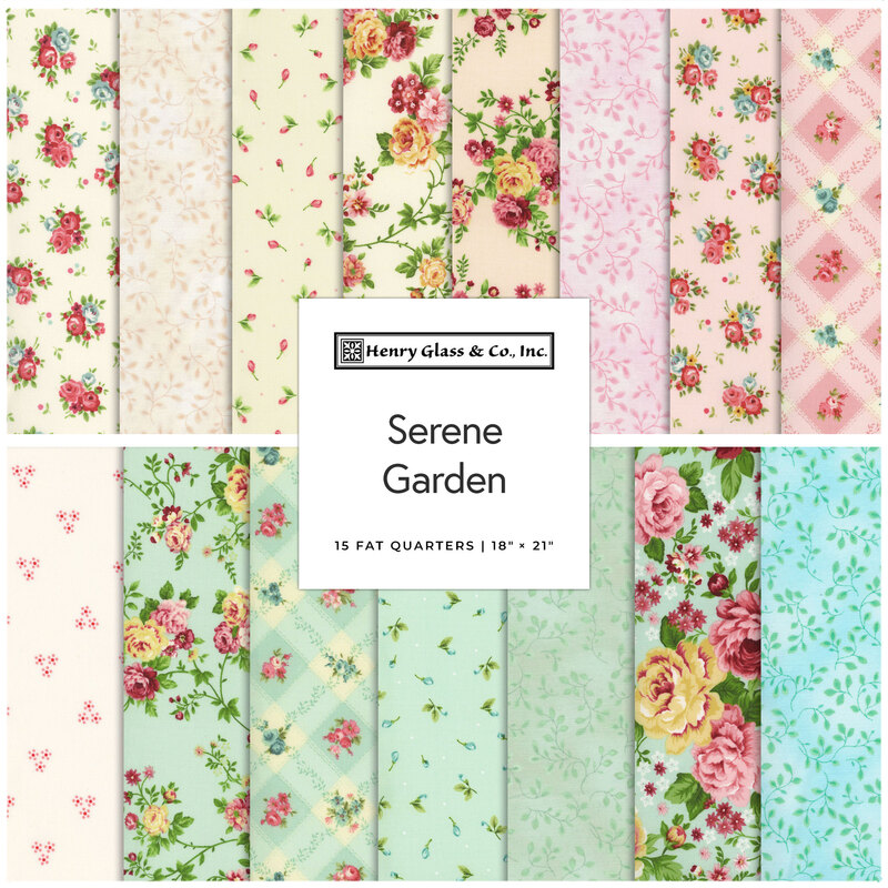 Collage of 15 fabrics within the Serene Garden collection, arranging from cream to pink to blue to green