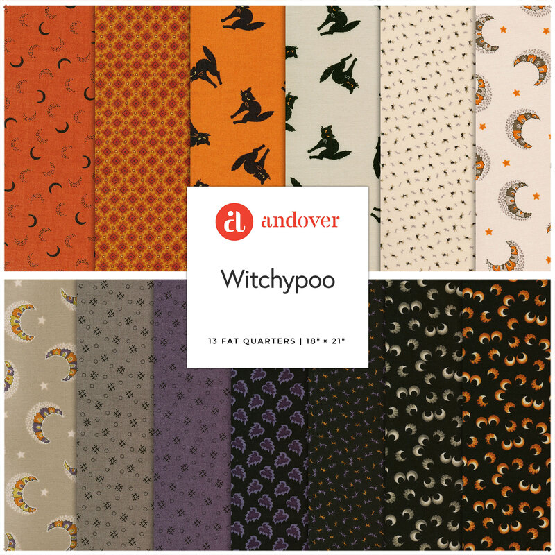 Composite image of all the halloween themed fabrics within the Witchypoo collection
