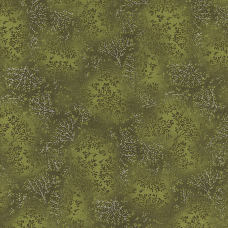 mottled, tonal green fabric featuring leaves and vines