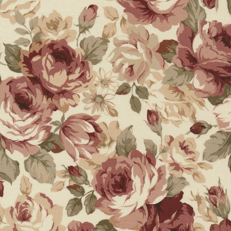 Light cream fabric with muted dark mauve roses and green leaves all over