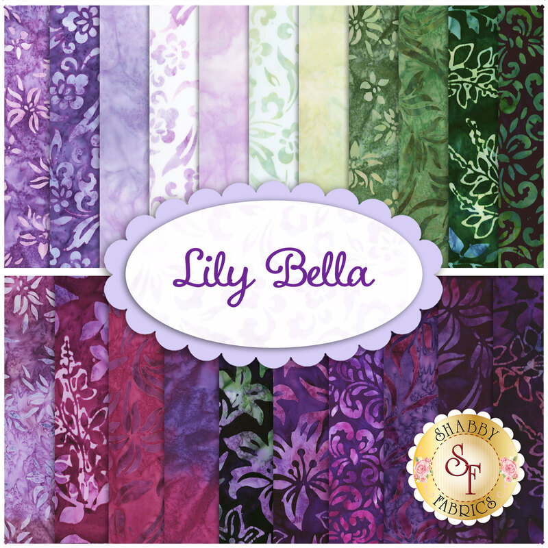 Collage of all fabrics included in Lily Bella artisan batiks fat quarter set