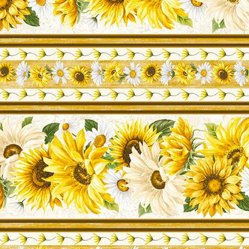 fabric featuring a border stripe pattern with sunflowers and daisies with white and yellow ditsy flowers. 