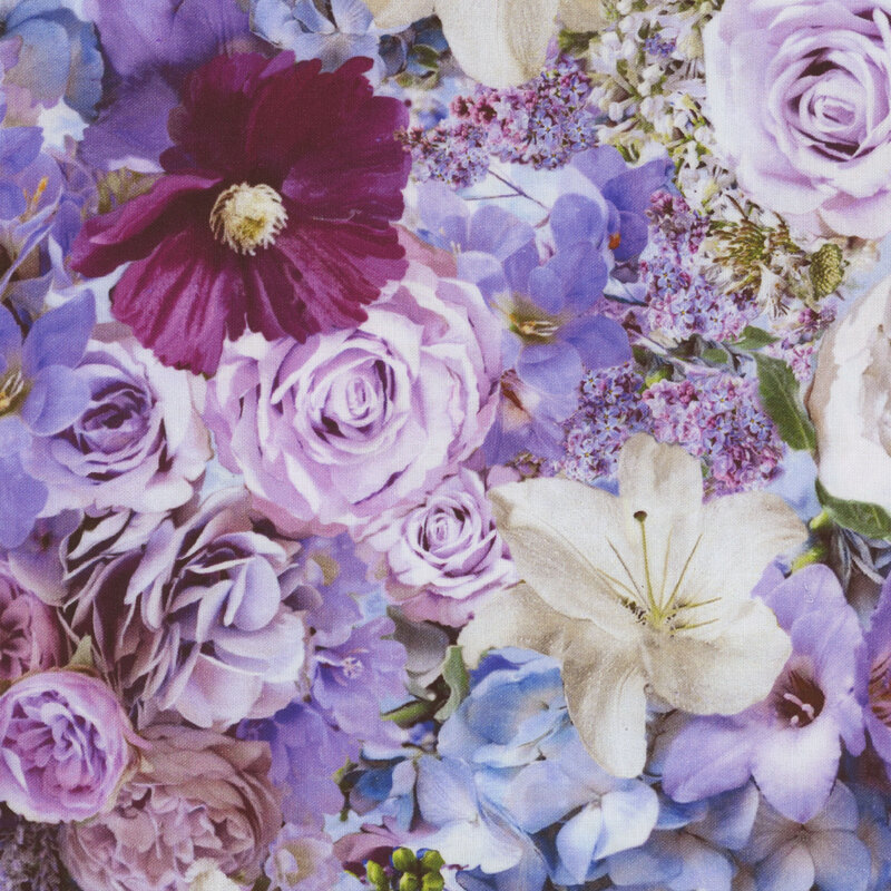 Scan of fabric featuring an assortment of purple, pink, blue, and white flowers