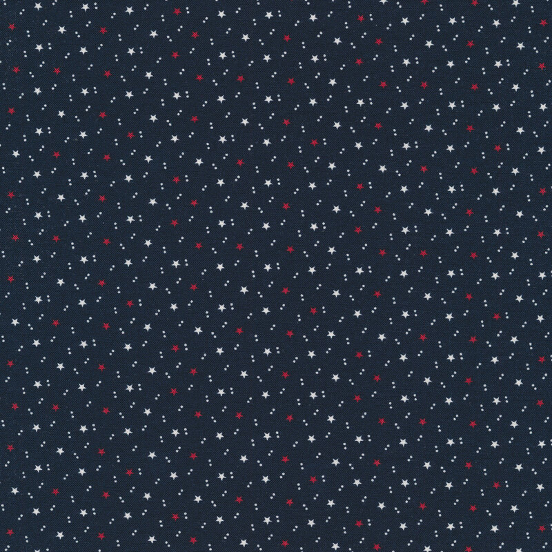 navy patriotic fabric featuring red and white accents of tiny stars and pairs of dots tossed all over