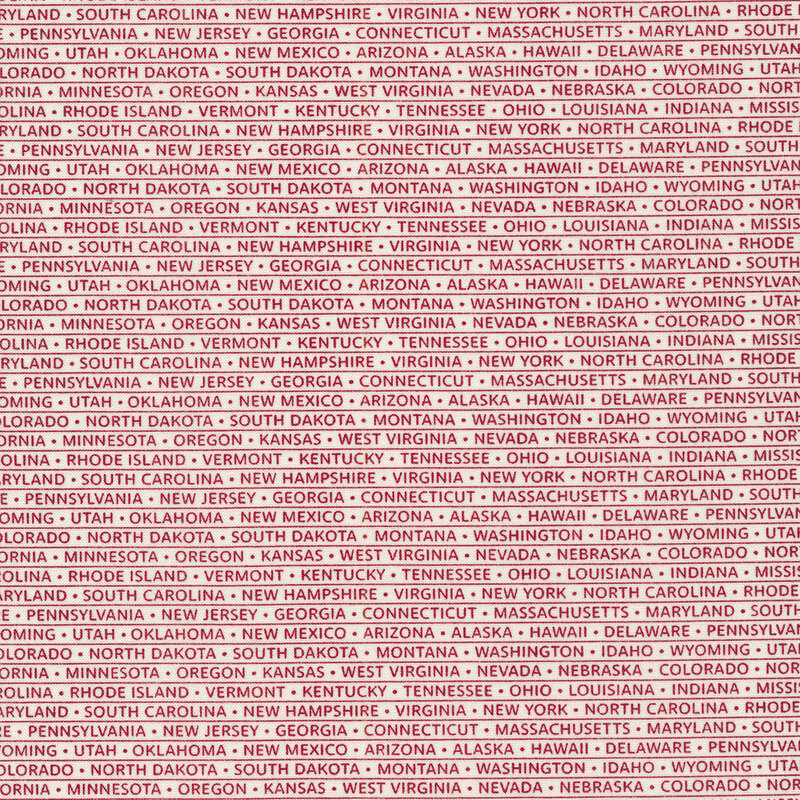 White fabric with rows of red words listing state names with pinstripes separating rows and dots separating names