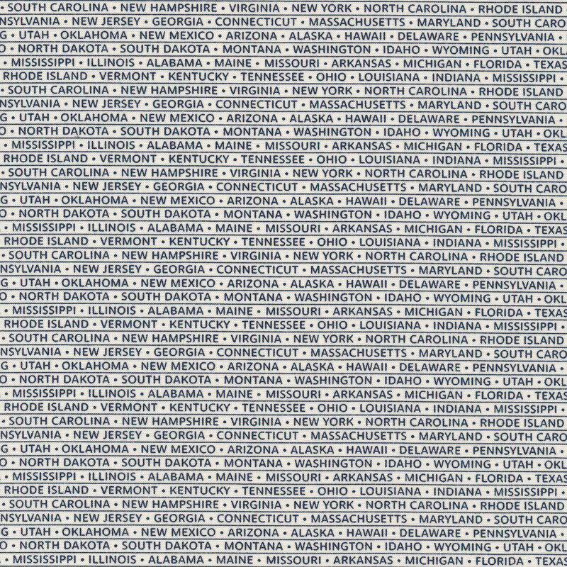 White fabric with rows of blue words listing state names with pinstripes separating rows and dots separating names