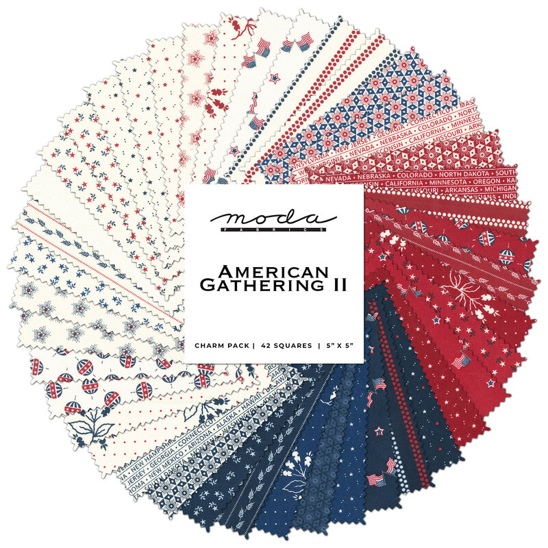 Spiraled collage of red, white, and blue fabrics included in the American Gatherings II collection by Moda Fabrics