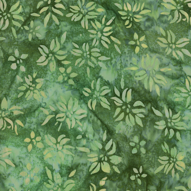 This fabric features light green mottled flowers with an aqua and green mottled background.